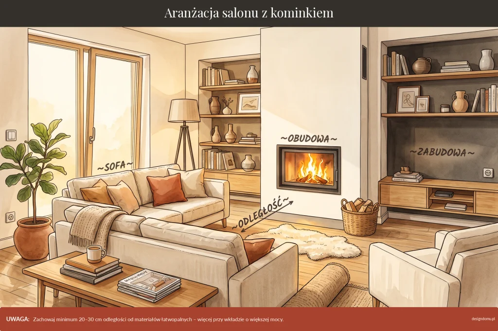 aranżacja salonu z kominkiem