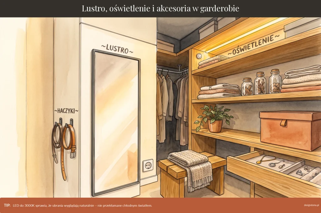 garderoba lustro, oświetlenie, akcesoria