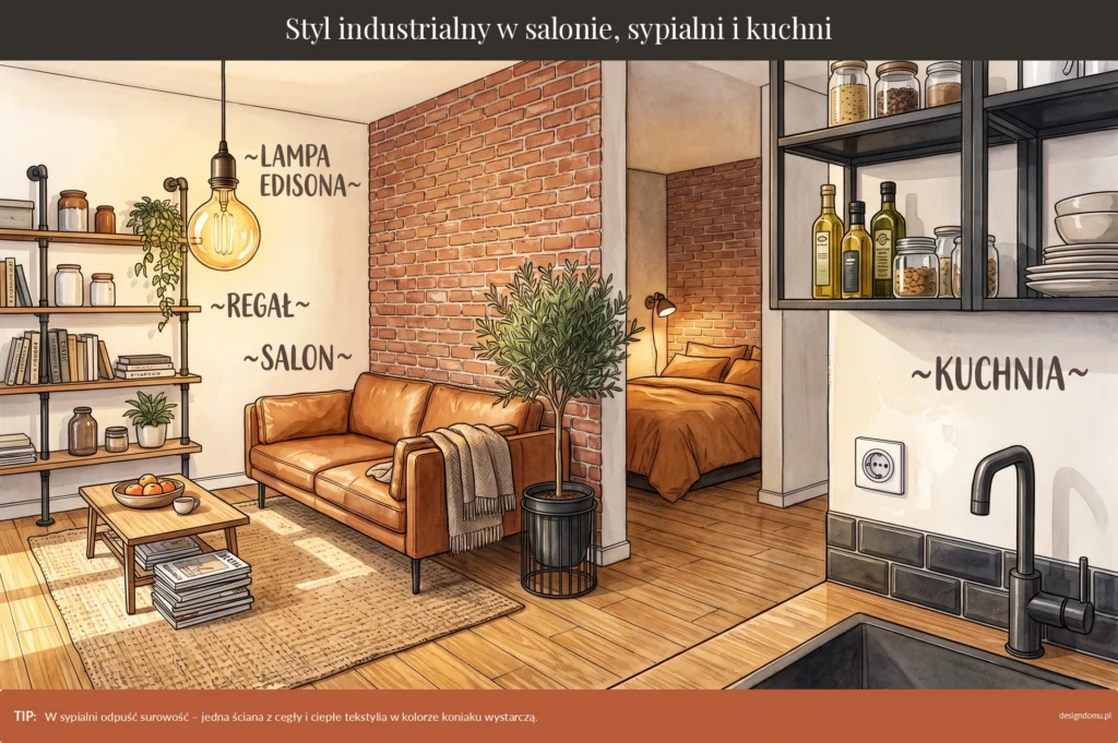styl industrialny w salonie, sypialni i kuchni
