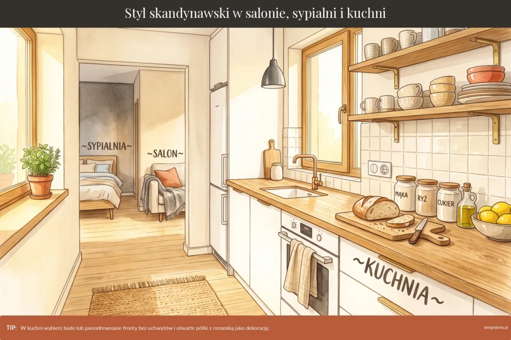 styl skandynawski w salonie, kuchni i sypialni