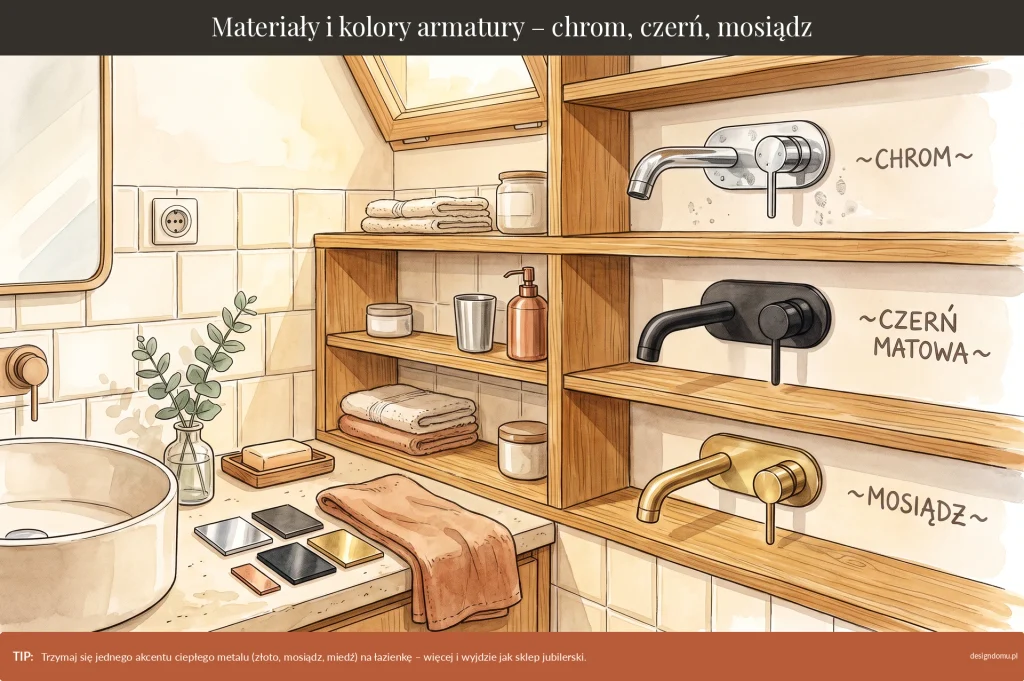 materiały i kolory armatury - chrom, czerń, mosiądz